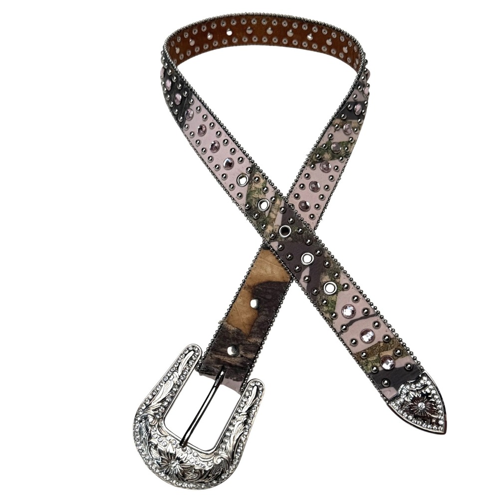 Nocona Y2K Pink Mossy Oak Camo Belt Size 28 Rhinestone Studded Western